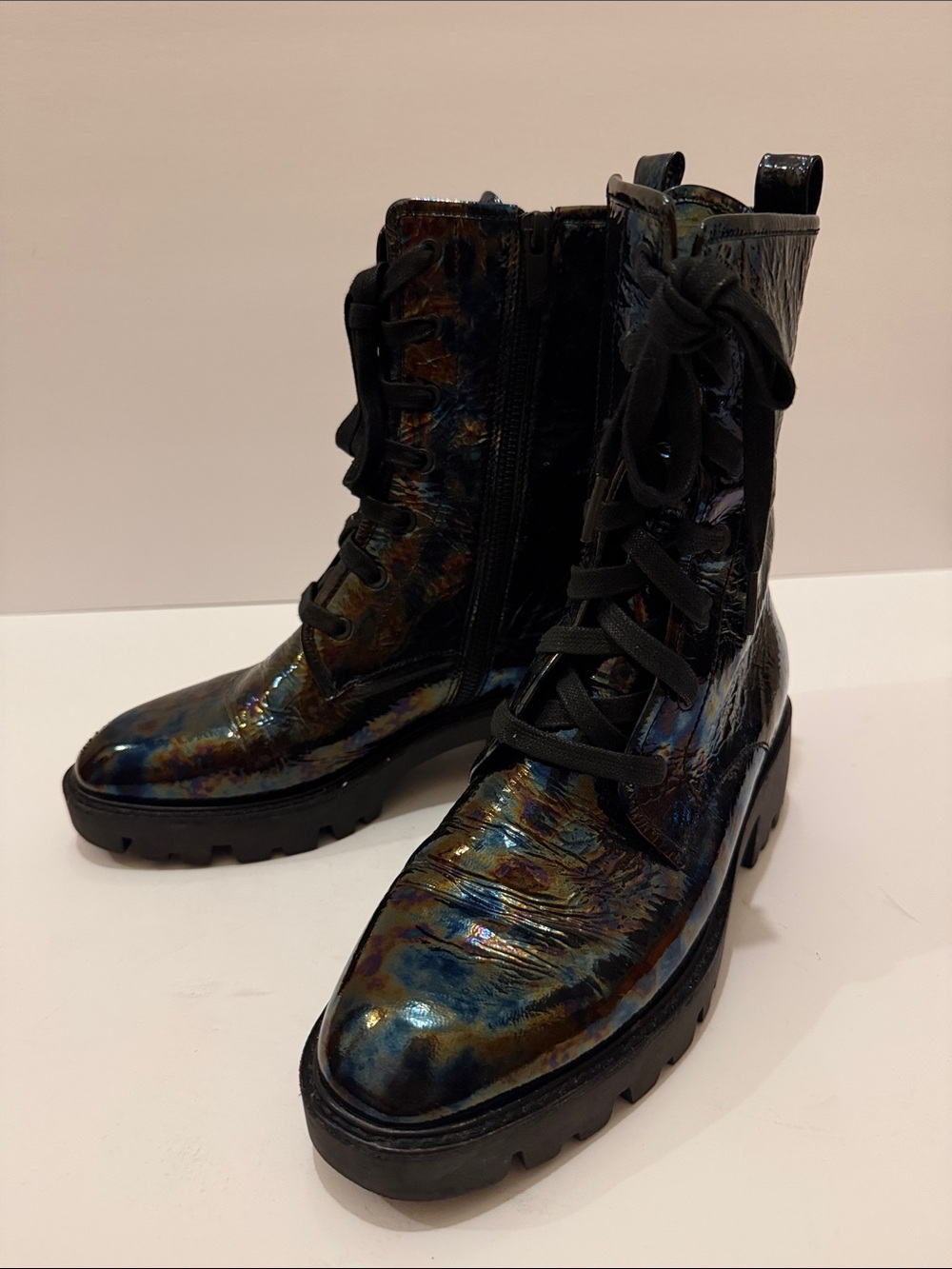 Donald J. Pliner Iridescent Blue-Green Combat Boots